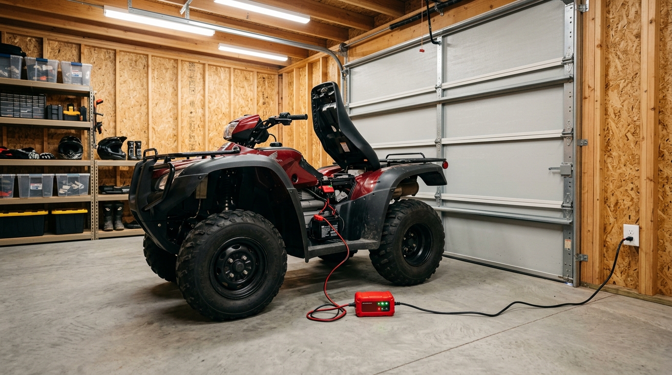ATV connected to a trickle charger during winter storage