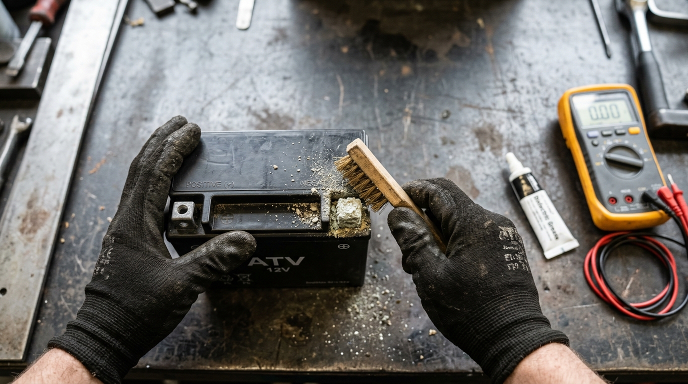 Cleaning ATV battery terminals with a wire brush to remove corrosion