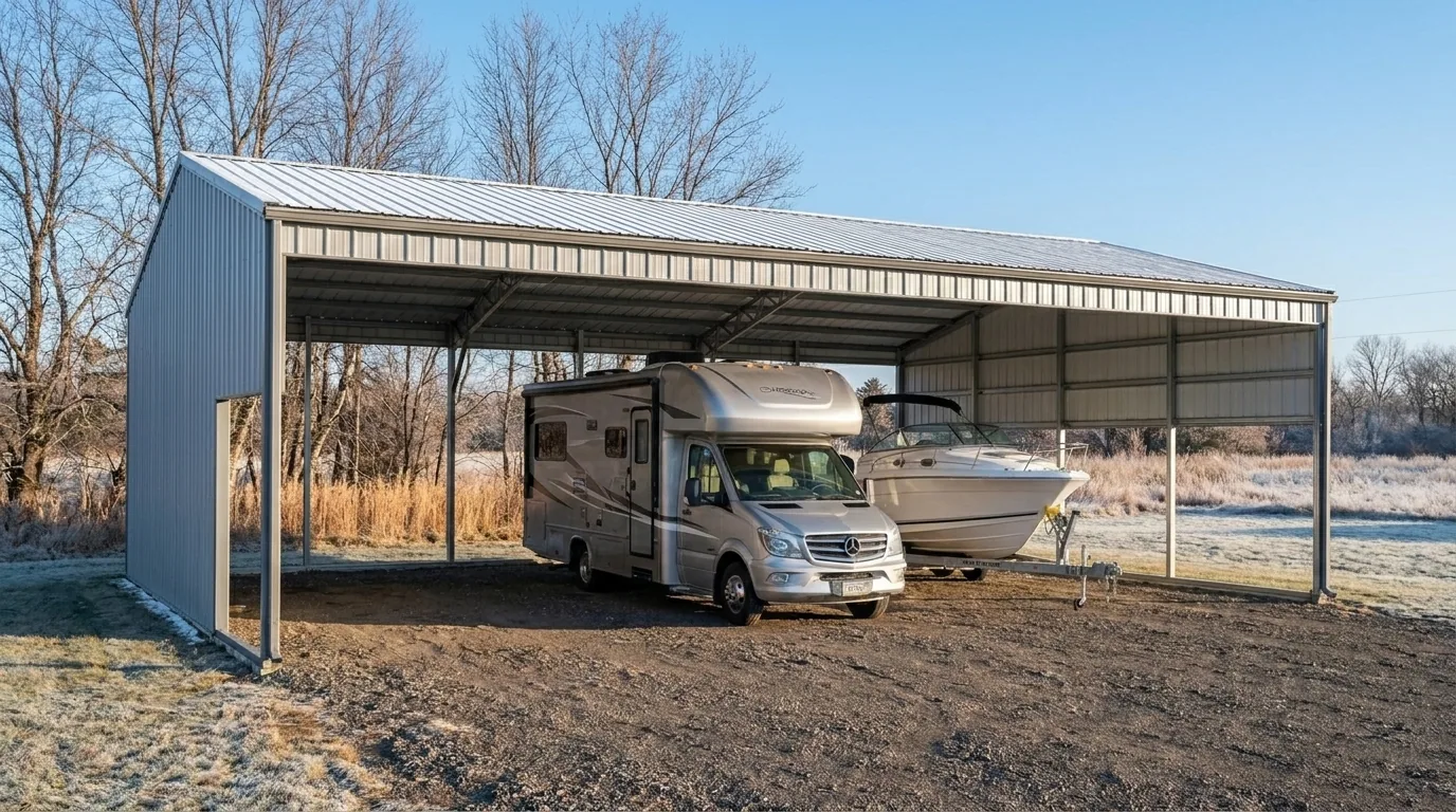 RV and boat parked under an open-sided steel canopy with snow on the roof at a central Minnesota storage facility