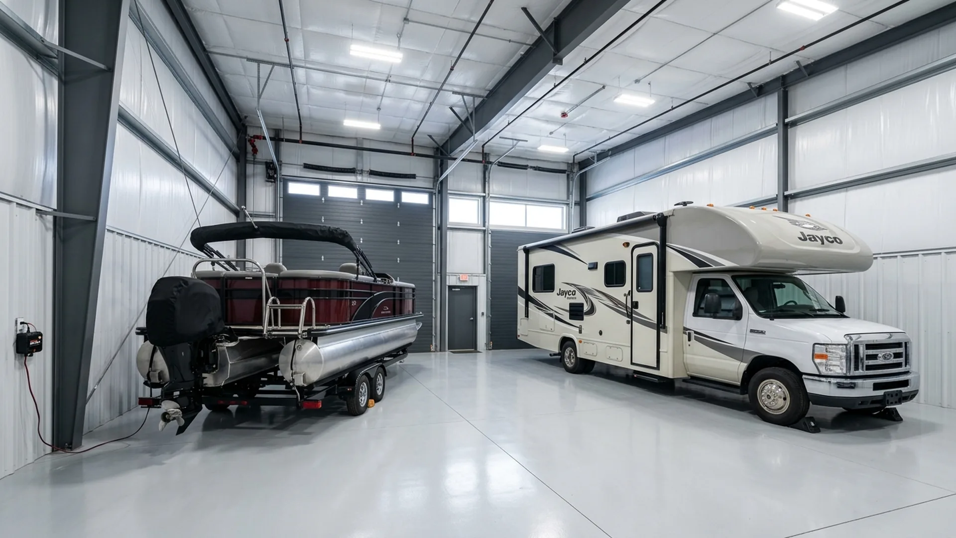 A pontoon boat and a Class C RV parked side by side in a clean indoor storage bay for winter