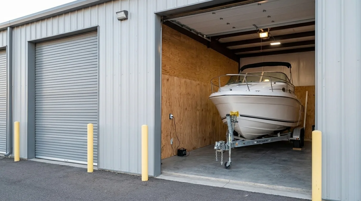 Boat on a trailer inside a clean enclosed indoor storage unit with the door open