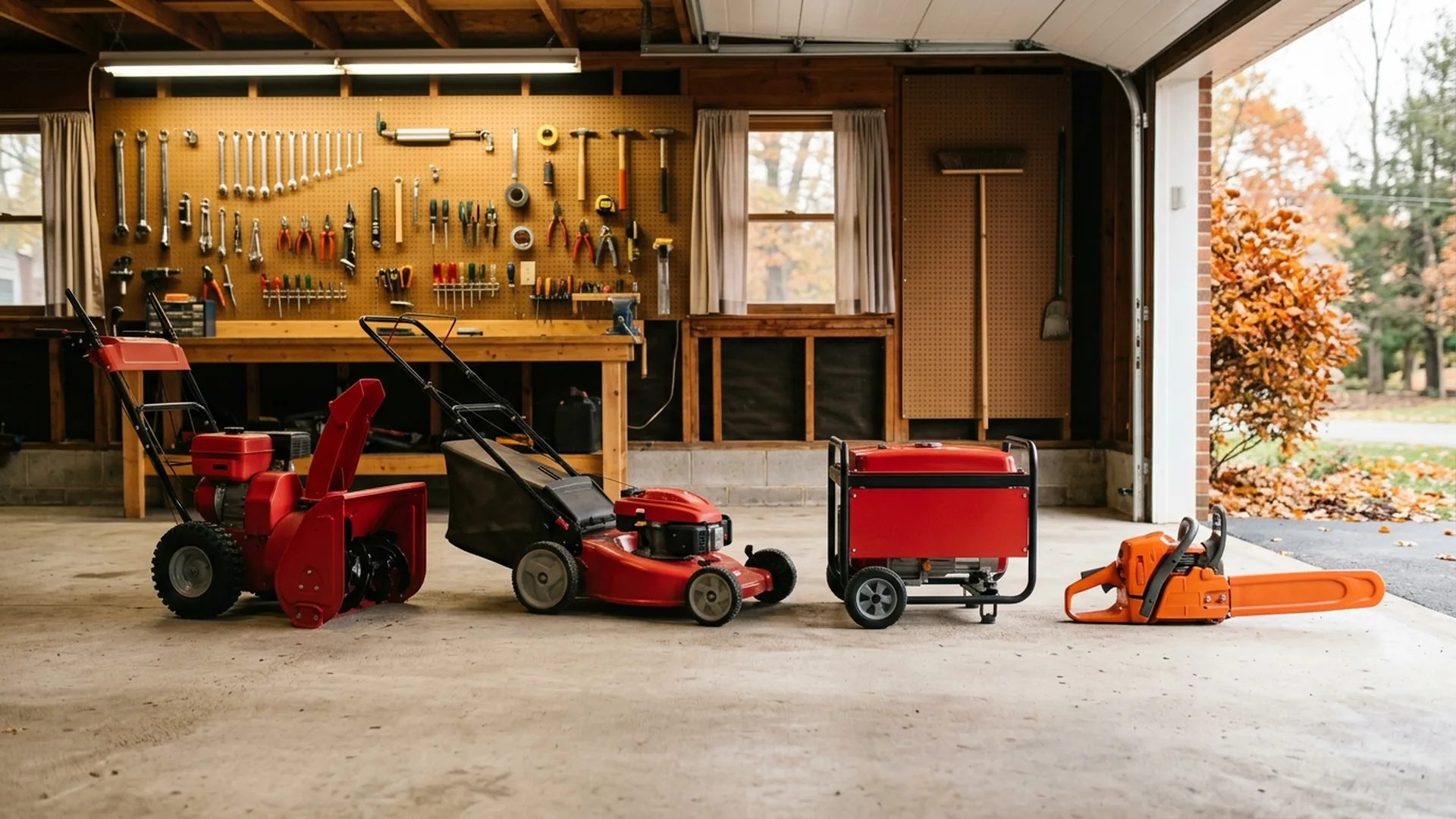 A snowblower, lawn mower, portable generator, and chainsaw lined up in a garage with fuel stabilizer bottles